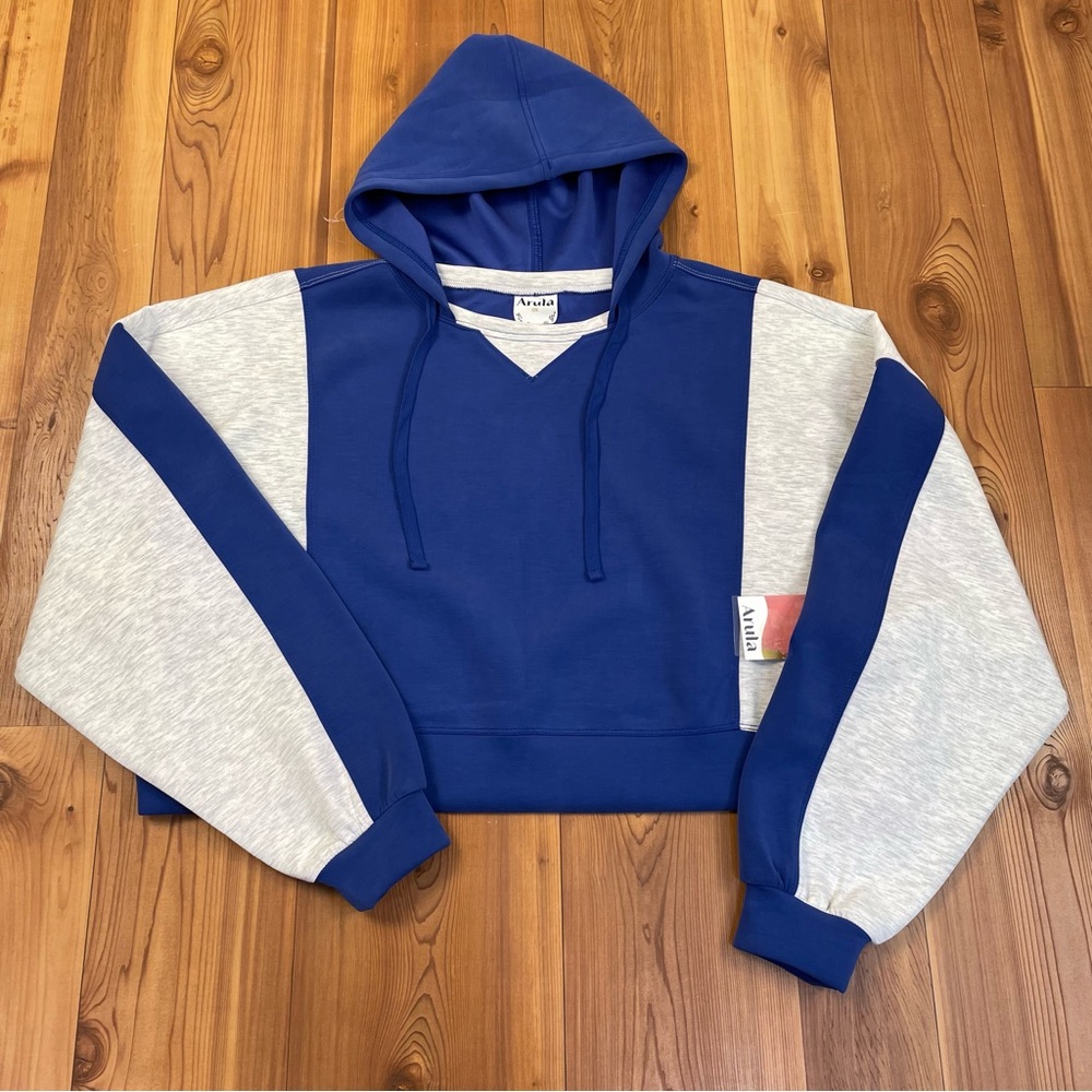 Arula Scuba Oversized Colorblock Hooded Crop Sweatshirt Blue Heather Gray 0X NWT
